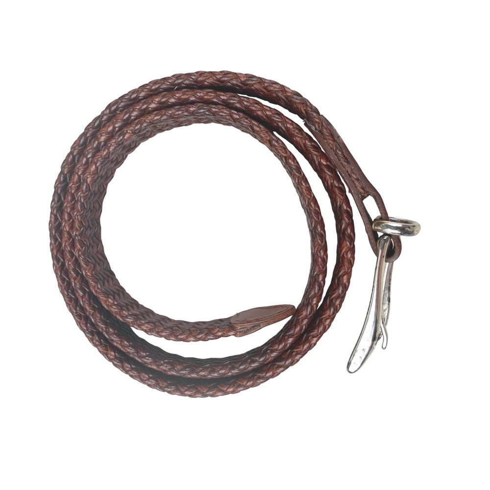 Brown Braided Leather Belt Silver Solid Brass Buckle Woven Skinny Large 41 Inch